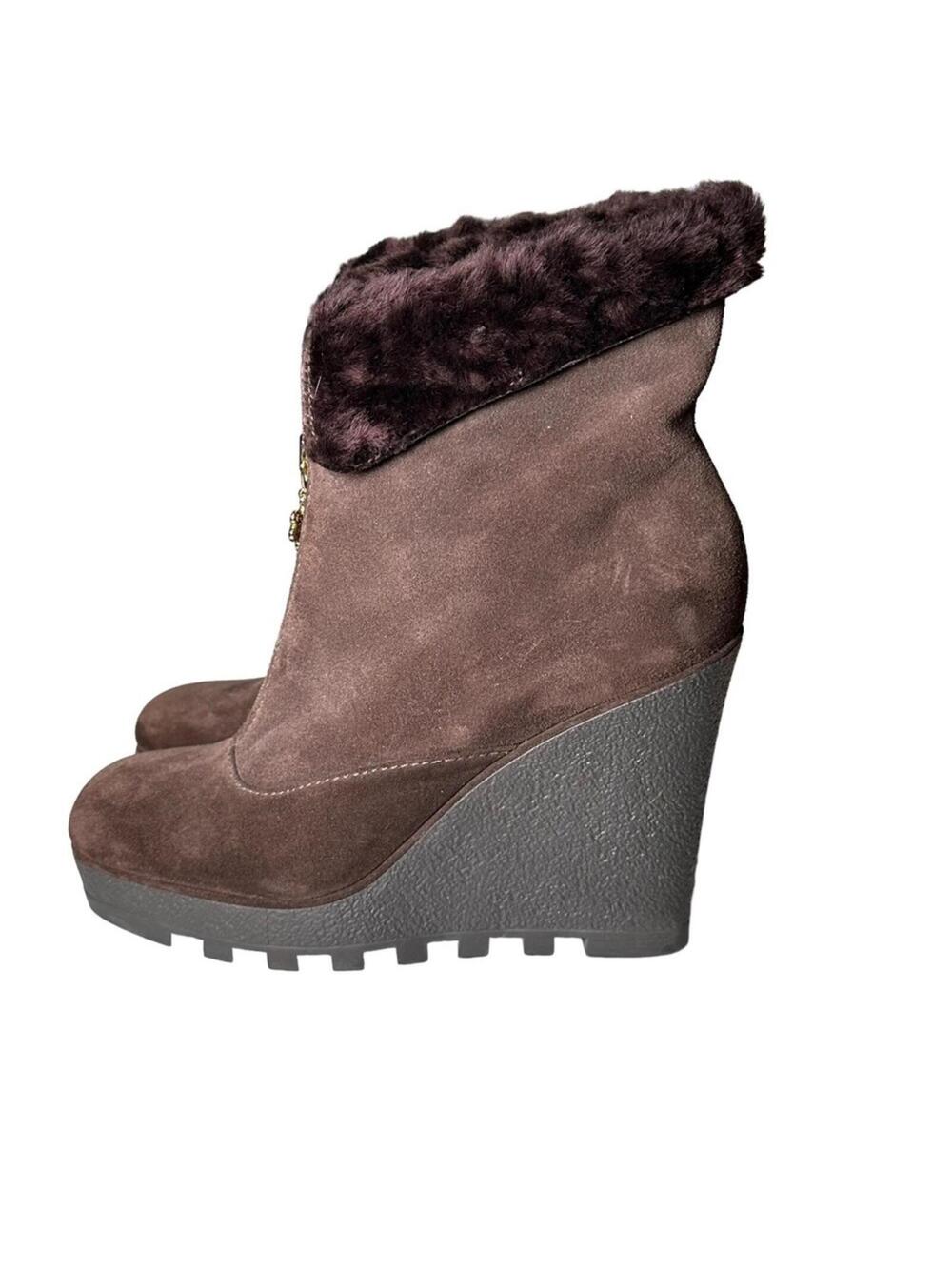 Diane von Furstenberg DVF Brown Suede Fur Wedge Ankle Boots Front Zip Size 7